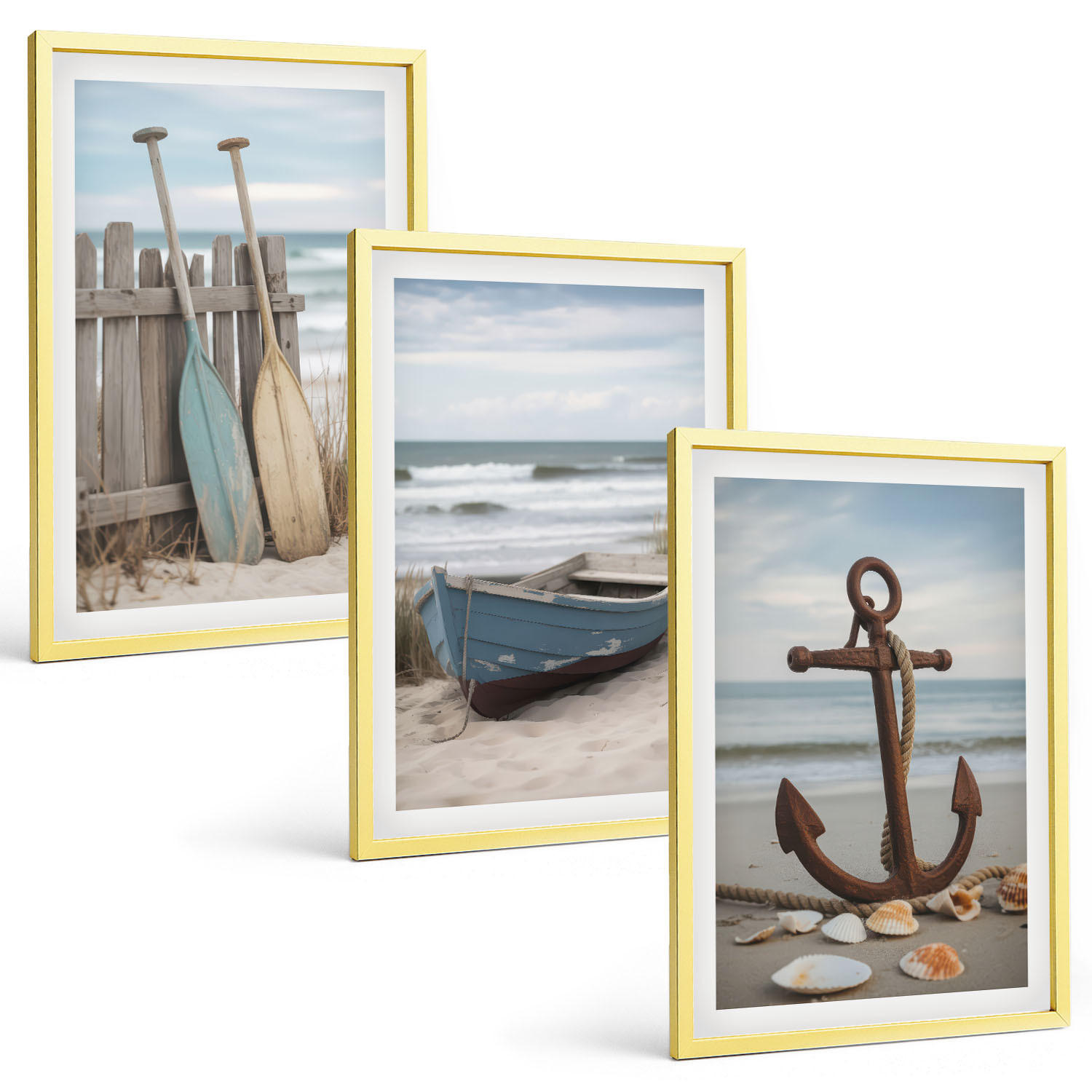 BILDER SET 3er Set - 40x60 cm Goldrahmen - Strandbootanker Sand - Goldfarben, Kunststoff (40/60cm) - TULUP