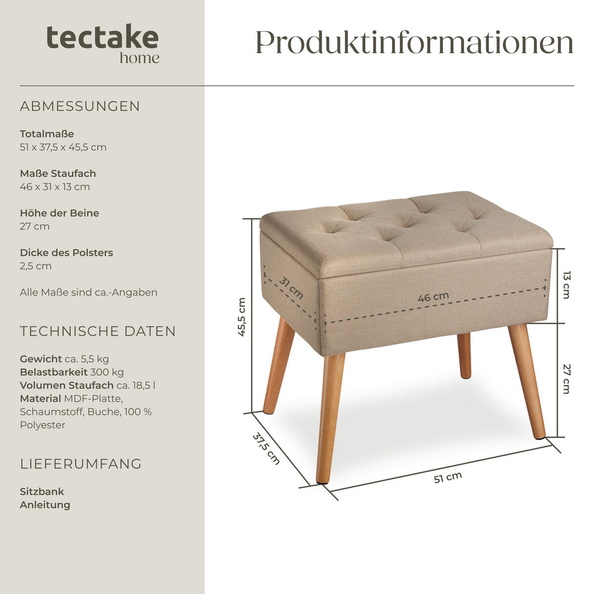 SITZBANK Ranya,51 x 37,5 x 45,5 cm,Sand - Sandfarben, Holz (37.5/45.5/51cm) - tectake