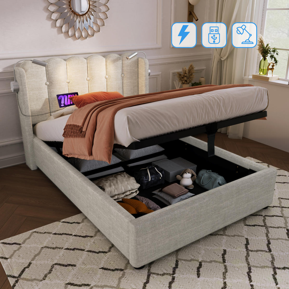 POLSTERBETT 90/200 cm Beige aus Leinen mit USB und Leselicht - Beige, Textil (90/200cm) - OKMYHOME