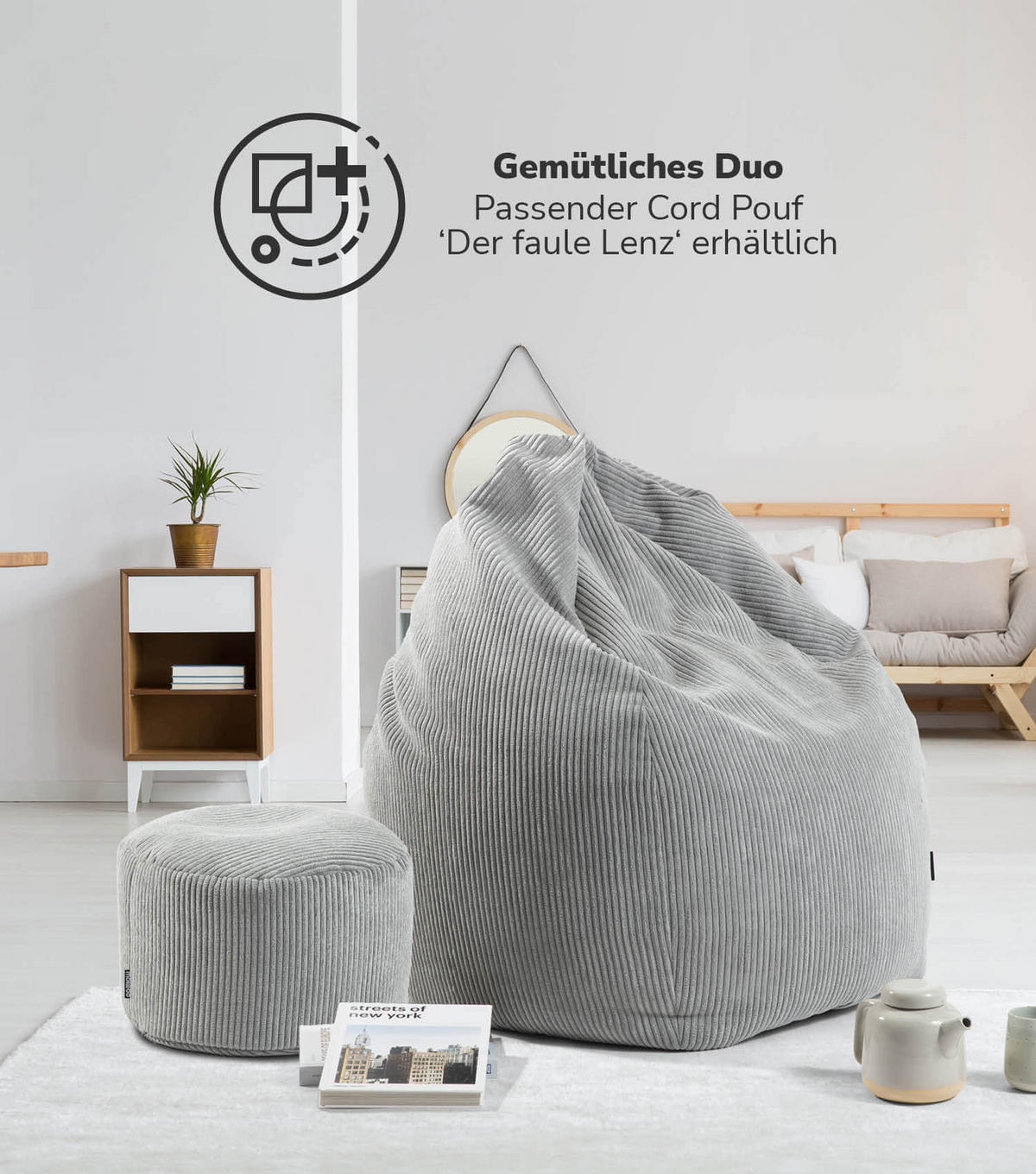 SITZSACK Cord Der Tagträumer - Grau, Textil (80/130/80cm) - Mokebo