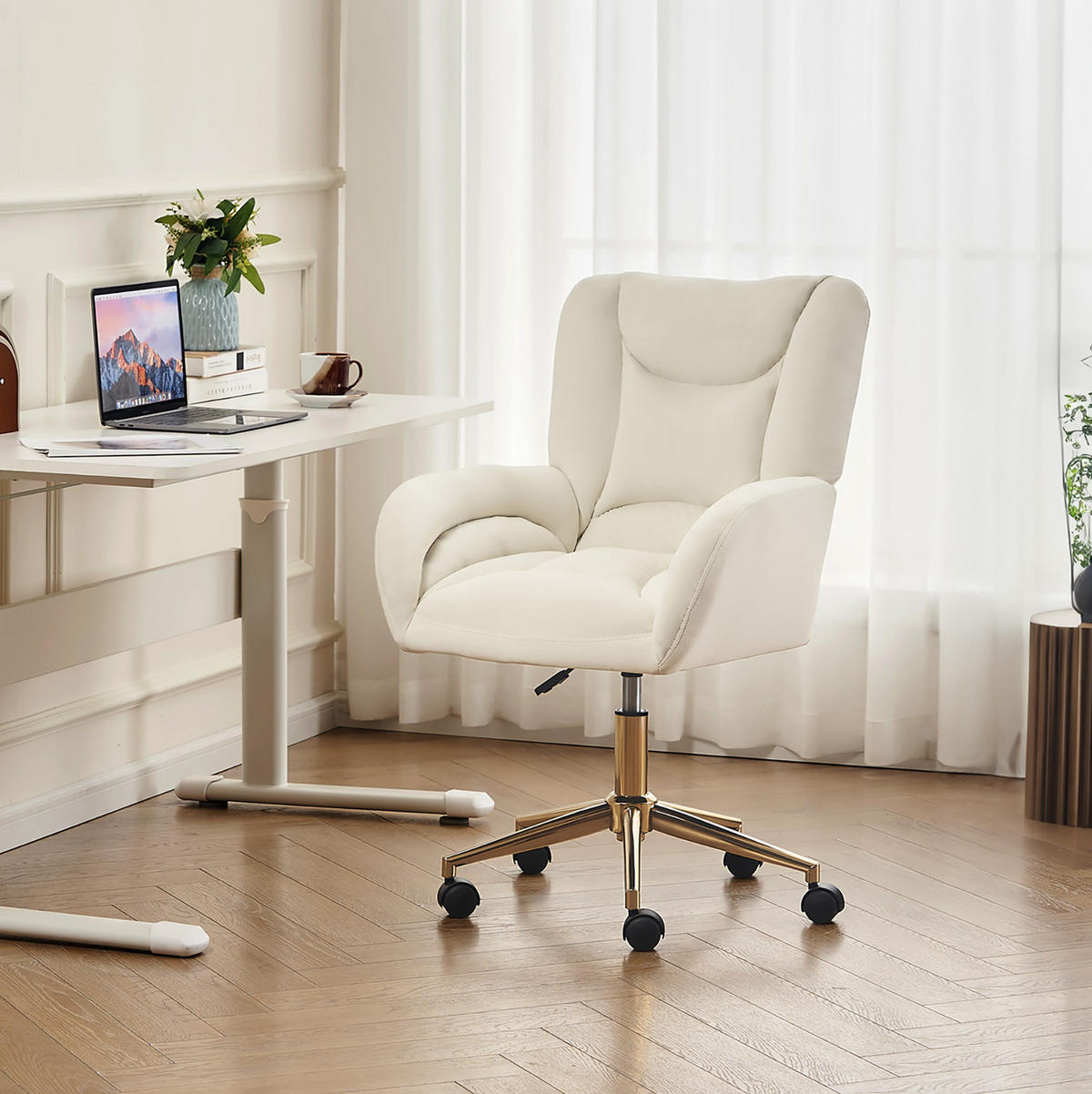 DREHSTUHL Samt mit höhenverstellbarem Sitz und Rollen 64/62/92.5 cm Beige - Beige, Textil (62/92.5/64cm) - Redom