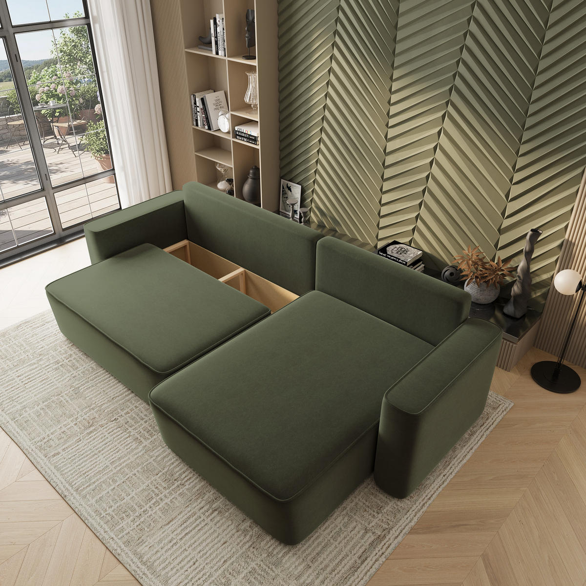 ECKSOFA BELARO CL Olivgrün Samtstoff mit Schlaffunktion - Olivgrün, Holzwerkstoff/Textil (280/162cm) - MASSENO