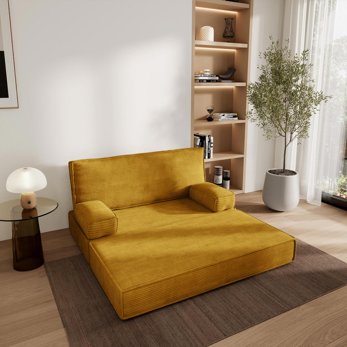 POHOVKA z pěny LADIA s funkcí spaní Manšestrová látka Žlutá - žlutá, textil (140/86/60cm) - MASSENO