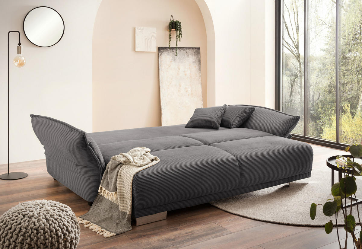 BIG-SOFA mit Schlaffunktion 242/131/90 cm Federkern, verstellbare Armlehnen, Bettkasten, Liegefläche 168x199 cm, Cord Grau Anthrazit / 17214 - Chromfarben/Anthrazit, Kunststoff/Textil (242/90/131cm) - luma-home