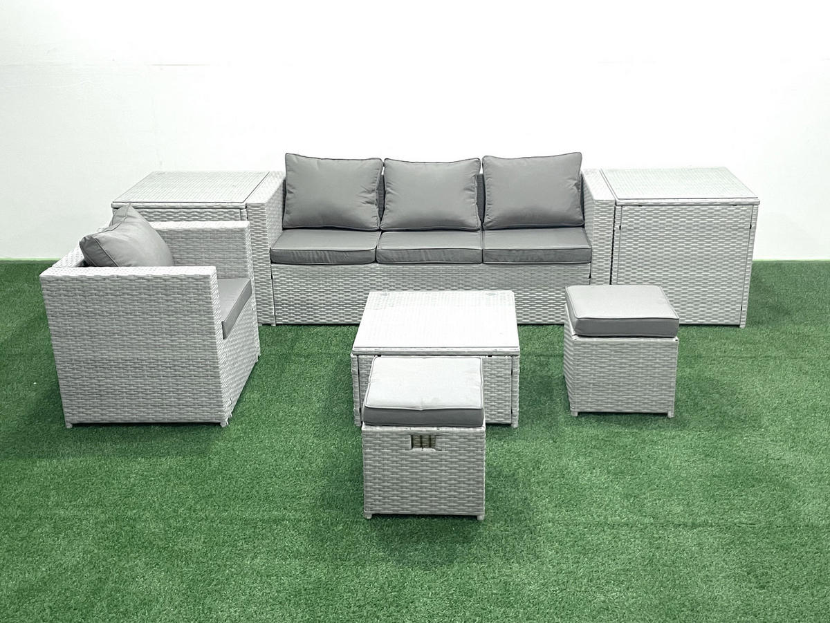 GARTENMÖBELSET mit 3-SITZER SOFA,COUCHTISCH Polyrattan Hellgrau-Mix 6-Sitzer - Hellgrau/Grau, Glas/Kunststoff - Fimous