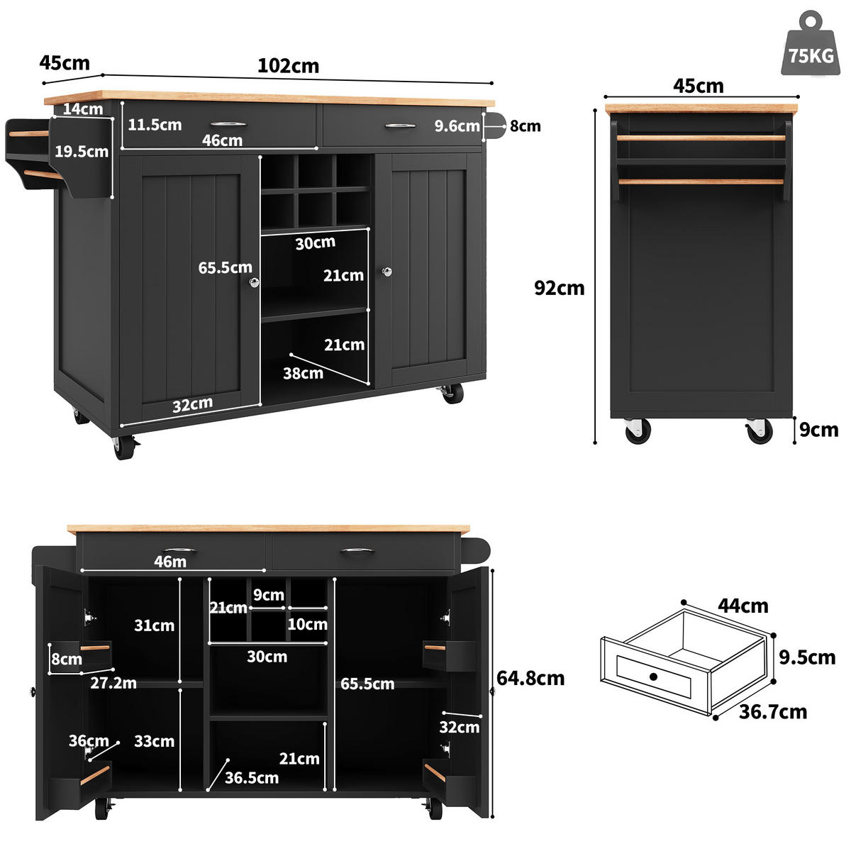 SERVIERWAGEN 102x45x92cm Schwarz mit Weinregal,Trennwänden & Lenkrollen - Schwarz, Holzwerkstoff (102/92/45cm) - Modfu
