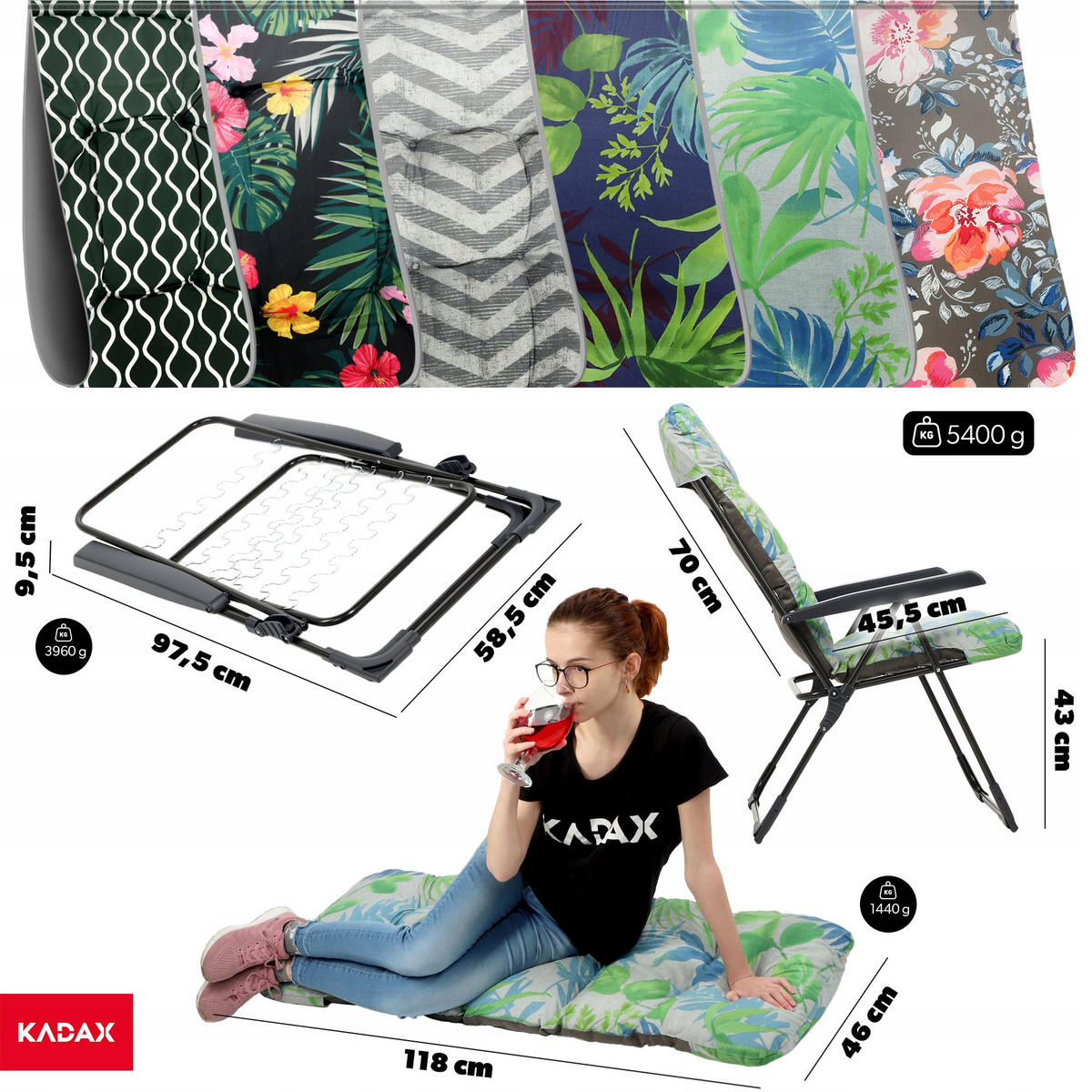 GARTENLIEGESTUHL 119 x 55 cm „Leaves“ - Blau/Weiß, Metall (58/119cm) - KADAX