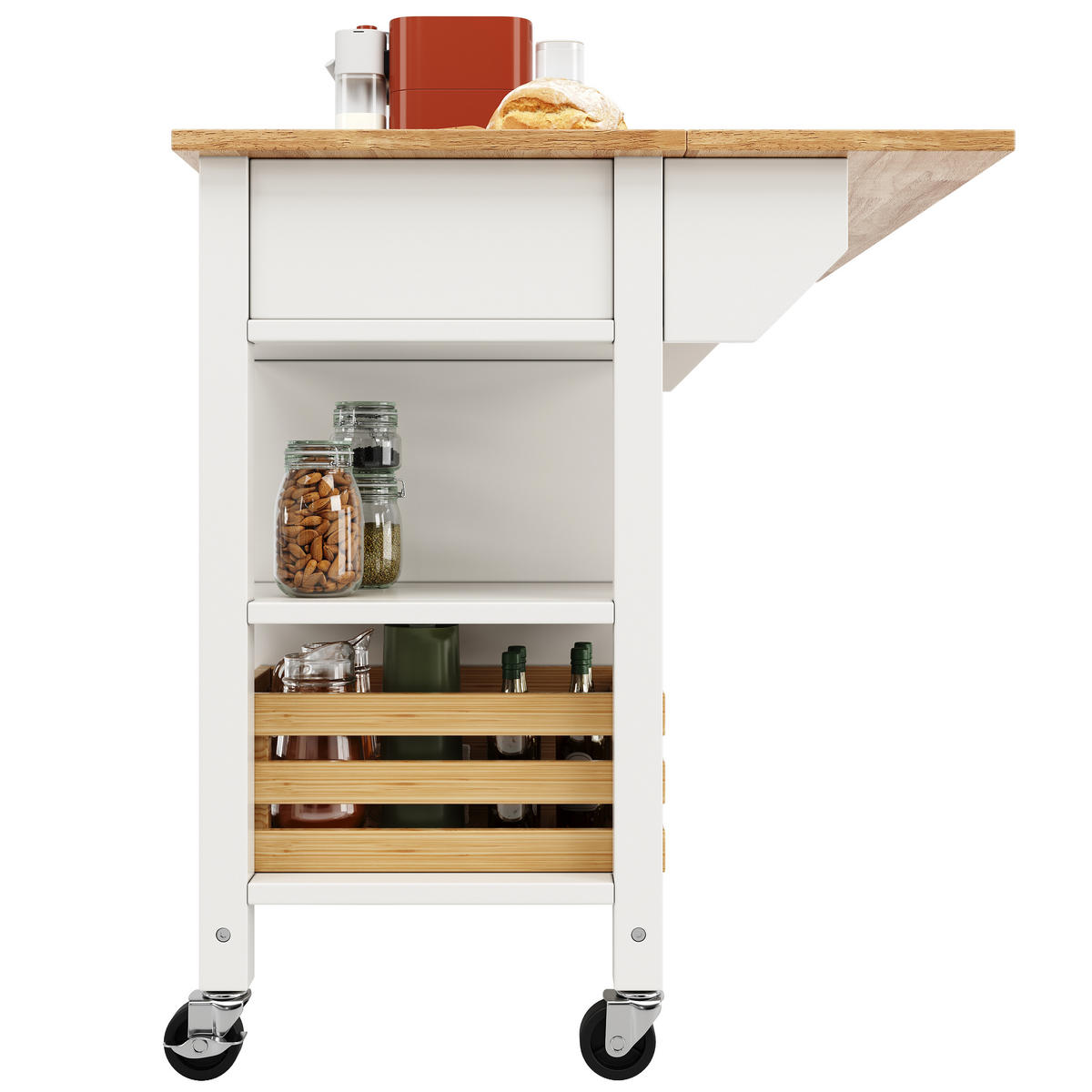 KÜCHENINSEL in Weiß und Naturfarben Servierwagen mit Kiefernkorb und Schubladen für Esszimmer, B120/T45/H90 cm - Naturfarben/Weiß, Holzwerkstoff/Metall (120/90/45cm) - STILVORA