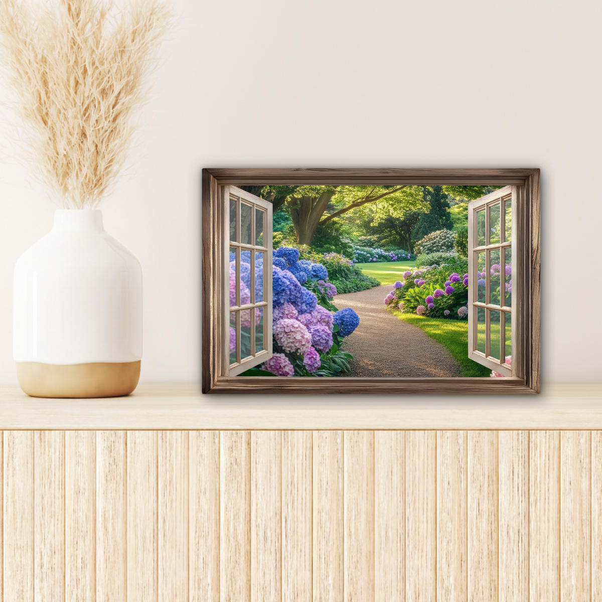 LEINWANDBILD Aussicht - Garten - Fenster - Hortensie - Blumen 30x20 cm - Pastellblau, Textil (30/20cm) - MuchoWow