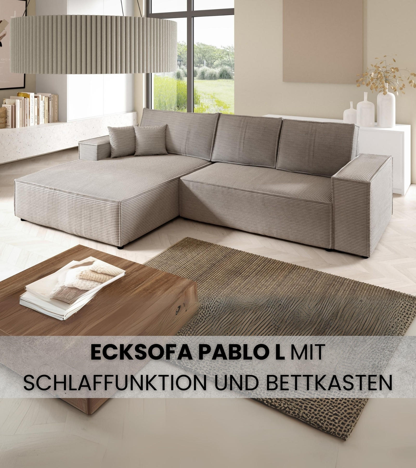 ECKSOFA Pablo mit Schlaffunktion Beige Cord - Beige, Textil (294/185cm) - Bromarkt