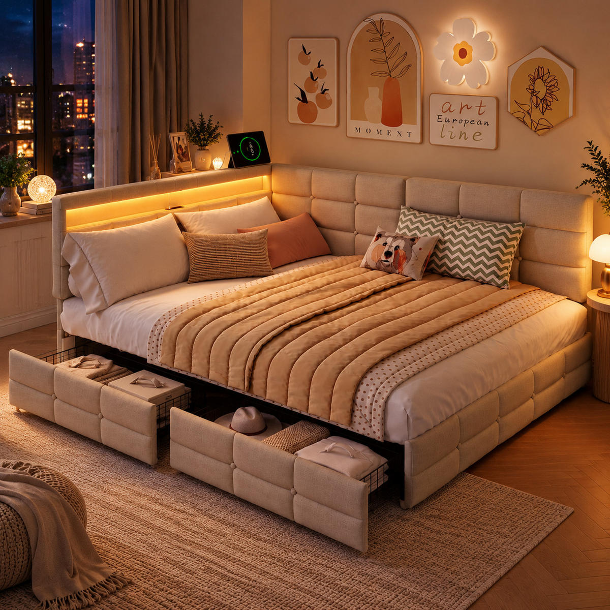 POLSTERBETT 140/190 cm, beiges Stoffbett mit LED-Kopfteil und Stauraum, modernes Einzel- und Jugendbett für Schlafzimmer - Beige, Holz/Metall (140/190cm) - Joyfair