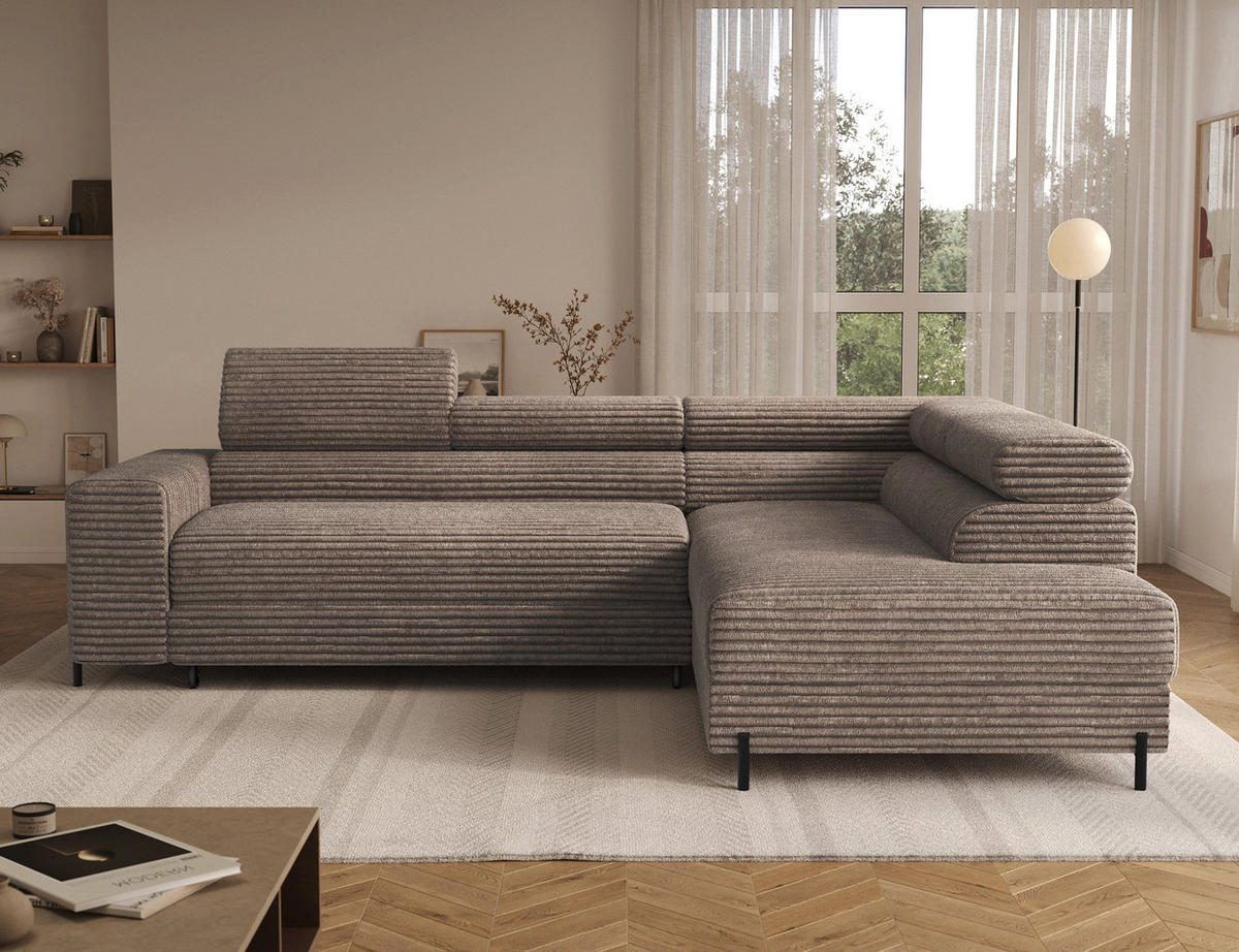 ECKSOFA COLESIO L-Form, Schlaffunktion, Bettkasten, verstellbare Kopfstützen, Wellenfederung, Metallfüße, breiter Cordstoff - Beige/Schwarz, Kunststoff/Metall (204/269cm) - Wohnideebilder