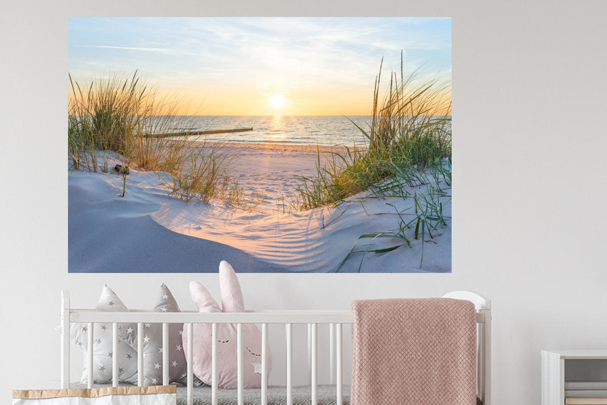 WANDTATTOO Strand - Sonne - Düne - Gras - Sand - Horizont 120x80 cm - Hellblau, Kunststoff (120/80/0.1cm) - MuchoWow