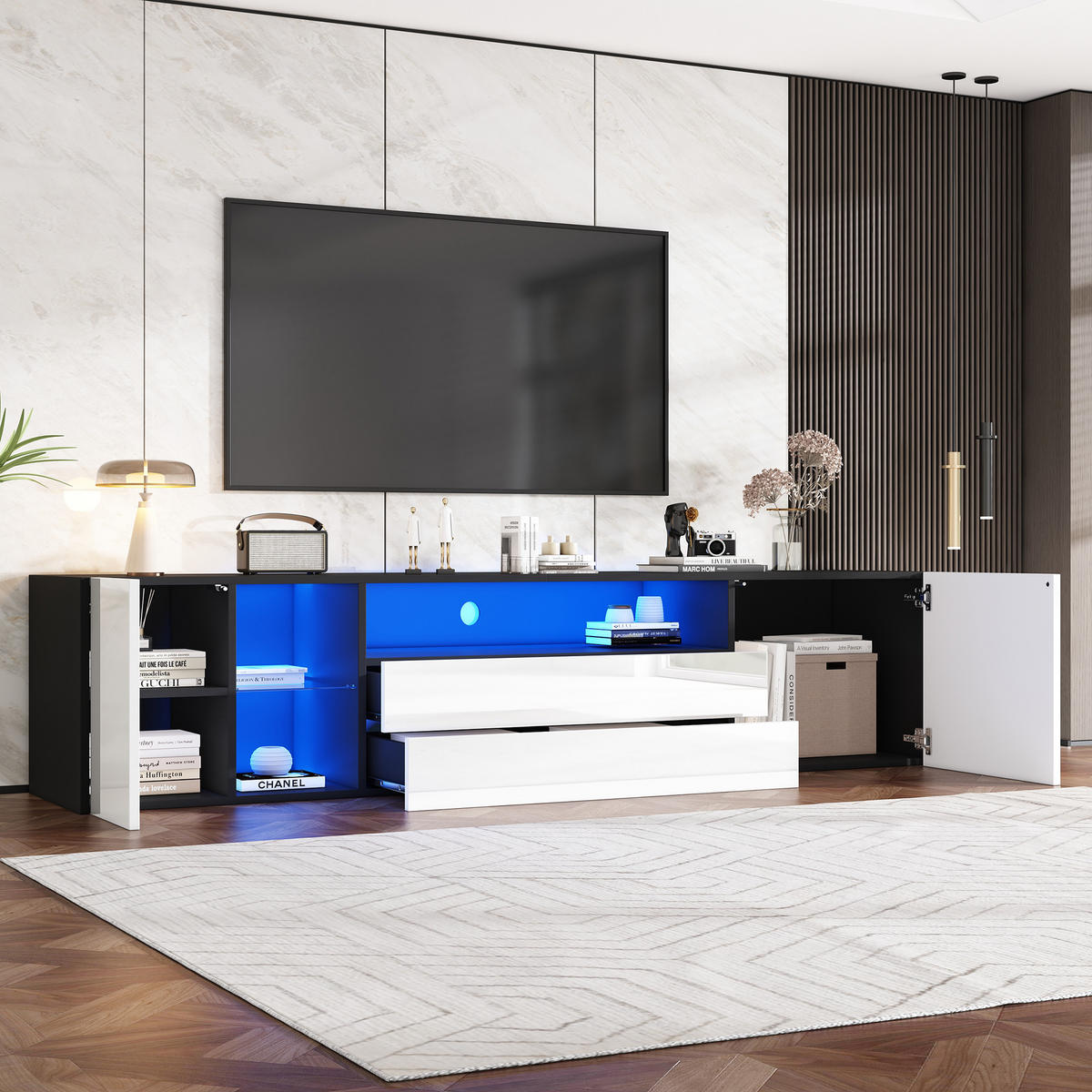 TV-ELEMENT180X40X45CM TV-Standschrank mit LED-App-Steuerung für 75-Zoll-Fernseher - Weiß, Holz (52.76/21.51/59.16cm) - Raelunyi
