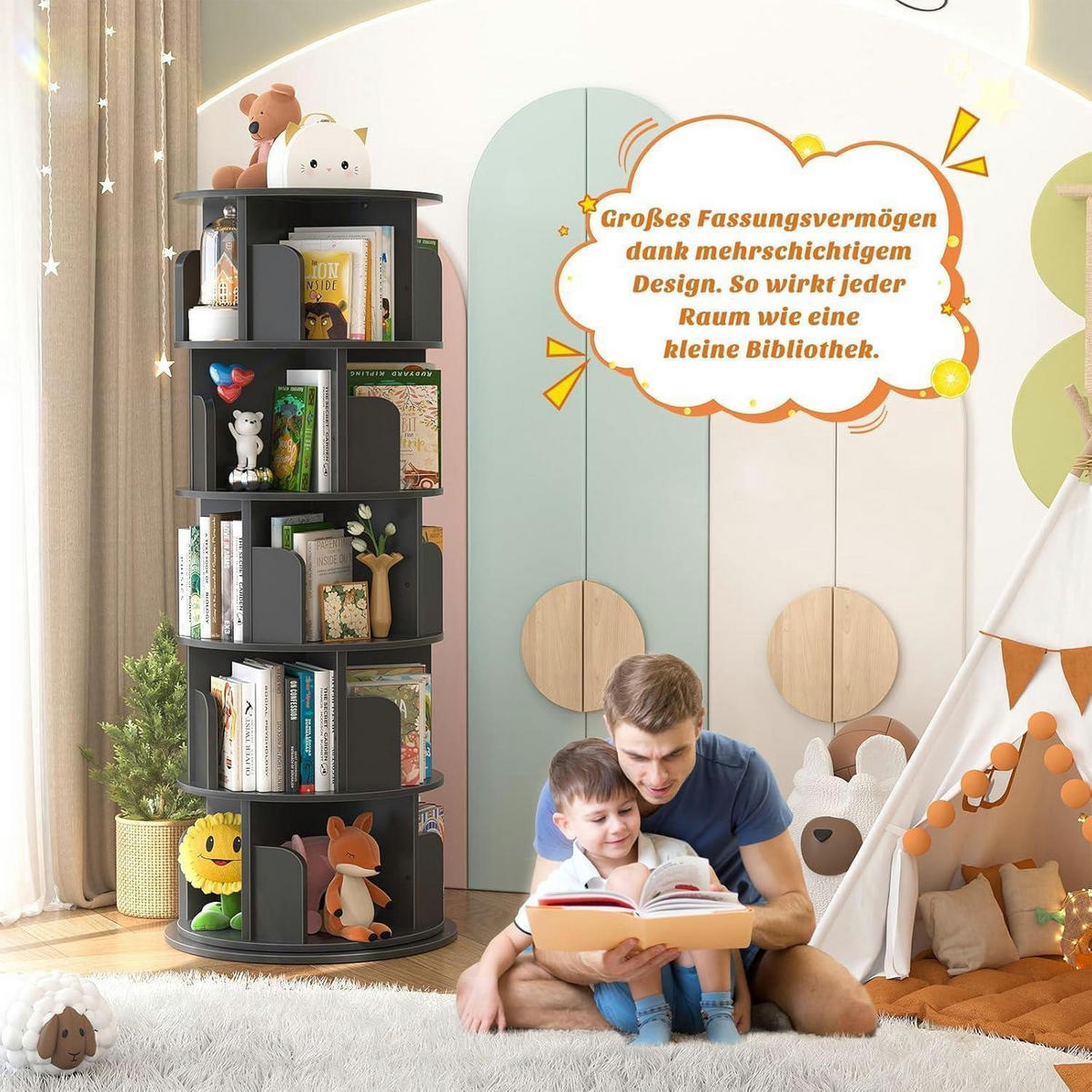 BÜCHERREGAL drehbar 5-stöckig Schwarz 360 Grad drehbar - Schwarz, Holzwerkstoff (40/160/40cm)
