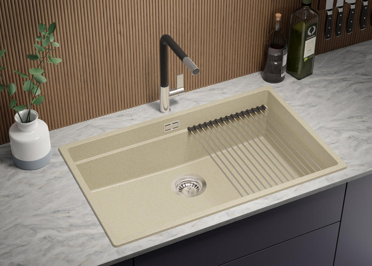 SPÜLBECKEN Praga Slim, 2-er set Beige 76/47 cm 1 Becken + Ablauf-Set + Aufrollbare Abtropffläche ab 80er Unterschrank - Chromfarben/Beige, Kunststoff (76/20/47cm) - Primagran