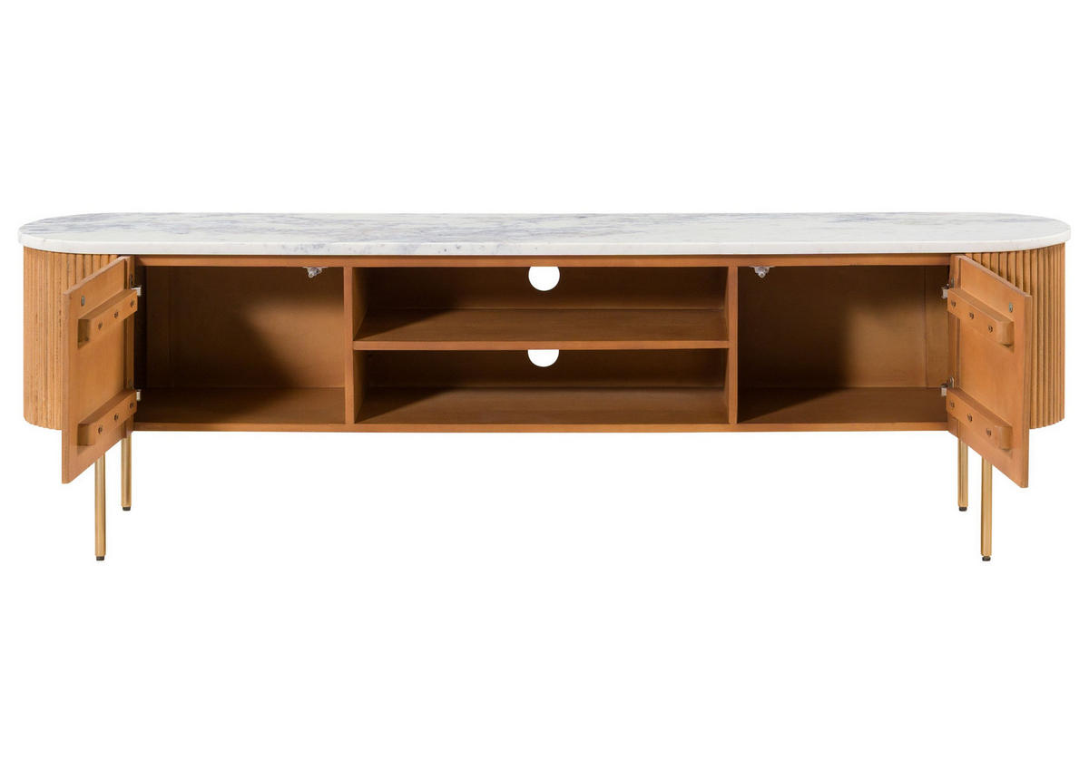 TV-BOARD Mango 180x36x51 natur lackiert / Marmor weiß BARCELONA #511 - Naturfarben, Holz (180/51/36cm) - Massivmoebel24