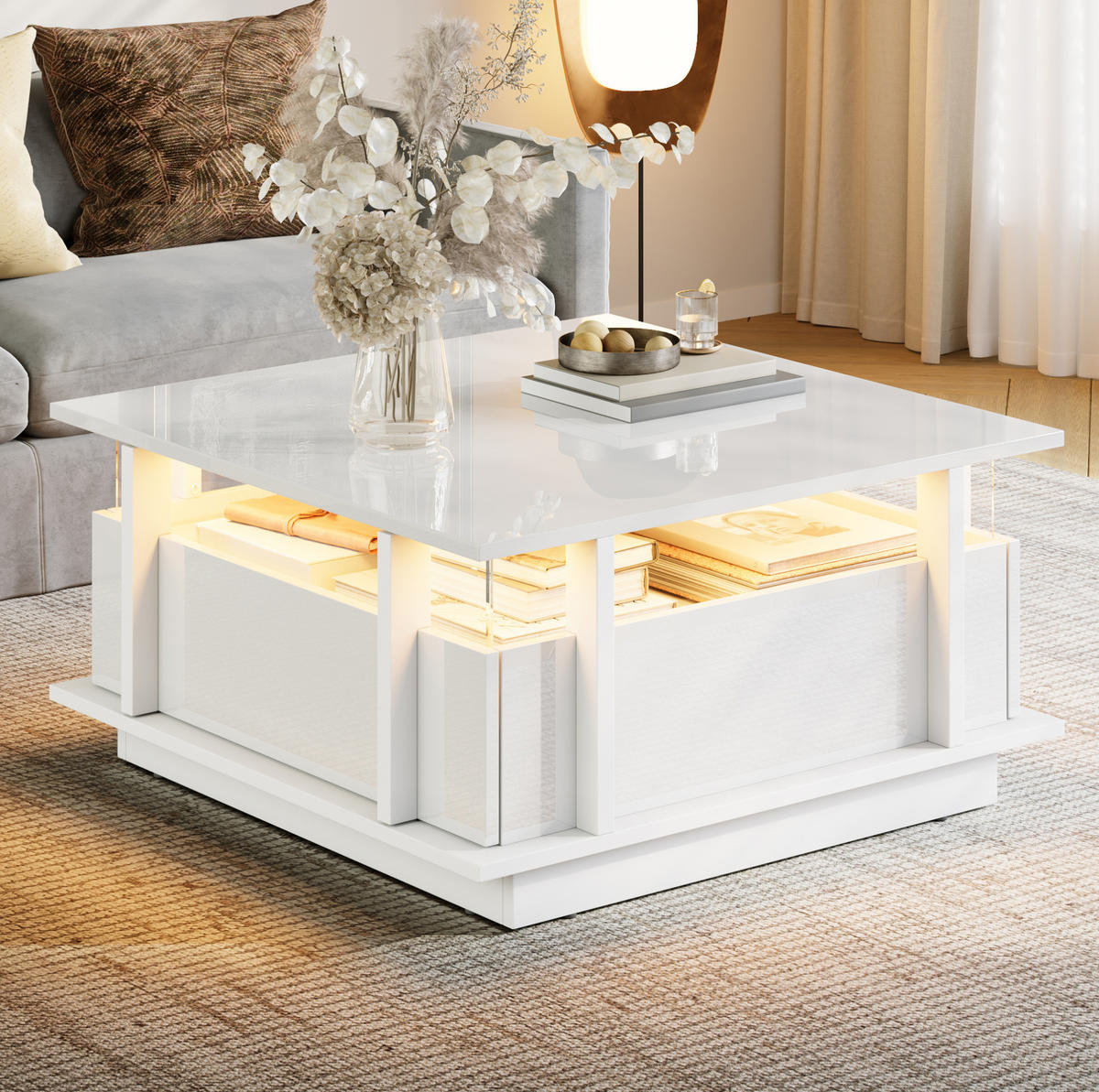COUCHTISCH 70/70/35 cm mit 2 Schubladen, LED-Beleuchtung und Acrylablagen, Weiß - Weiß, Holzwerkstoff (70/70/35cm) - Redom
