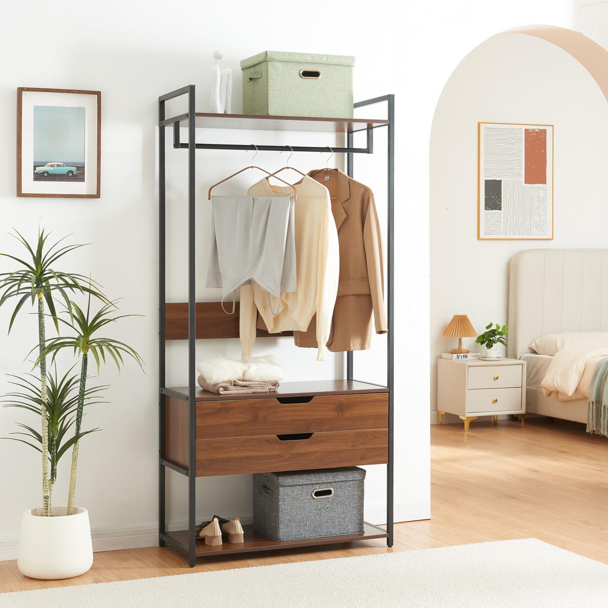 GARDEROBEN-SET 3 TLG. Larem - Walnussfarben/Schwarz, Holzwerkstoff/Metall (252/180/40cm) - [en.casa]