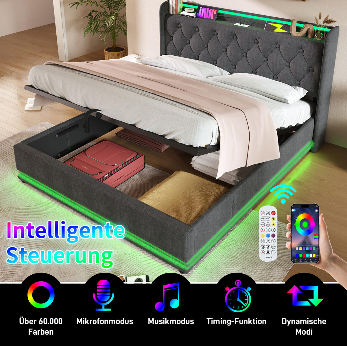 POLSTERBETT mit LED-Beleuchtung 140/200 cm mit Bettkasten und USB-C, Grau - Grau, Textil (140/200cm) - BEAOK