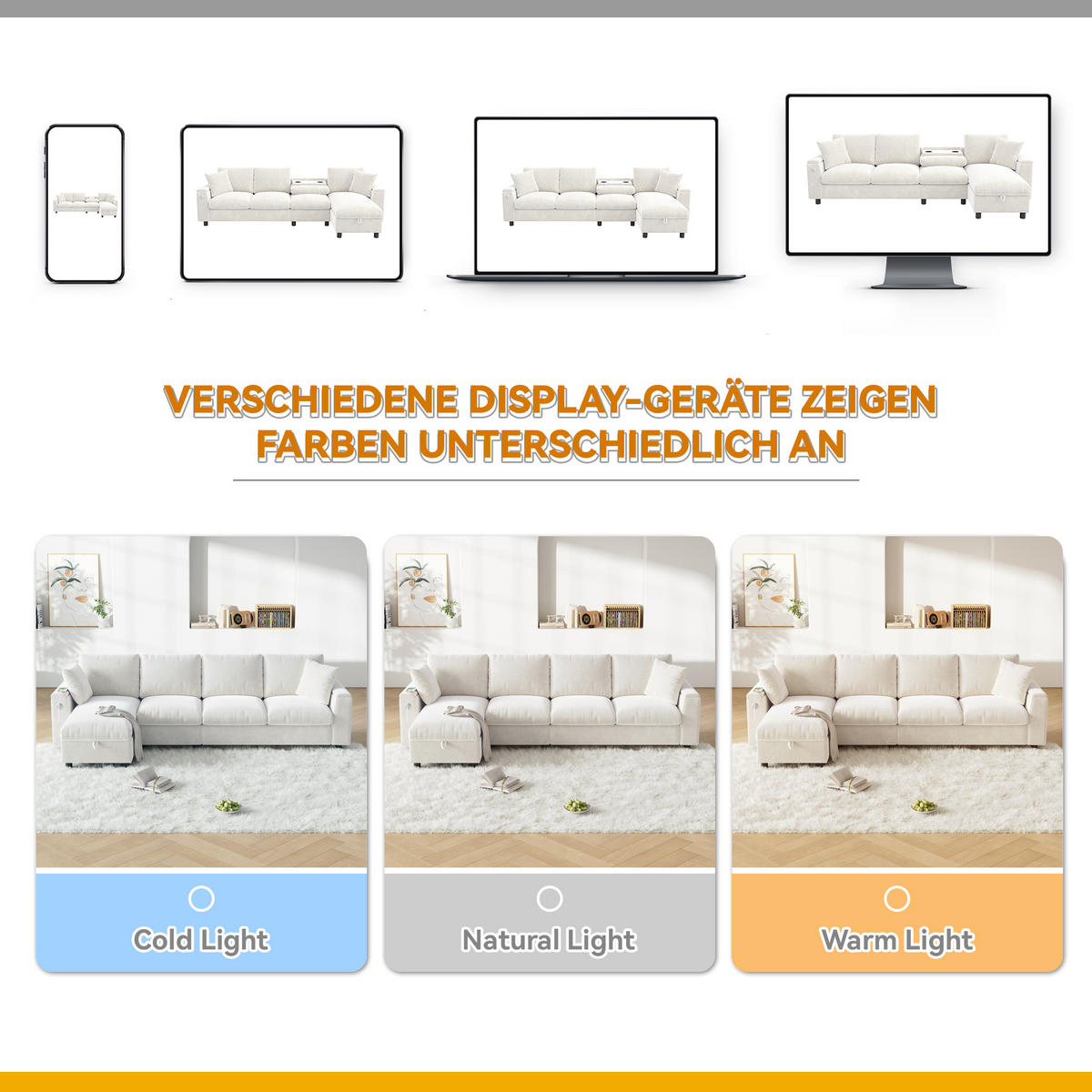 ECKSOFA Chenille Beige mit Schlaffunktion, Stauraum, USB und Type-C - Beige, Holzwerkstoff/Kunststoff (280/137cm) - WISHDOR