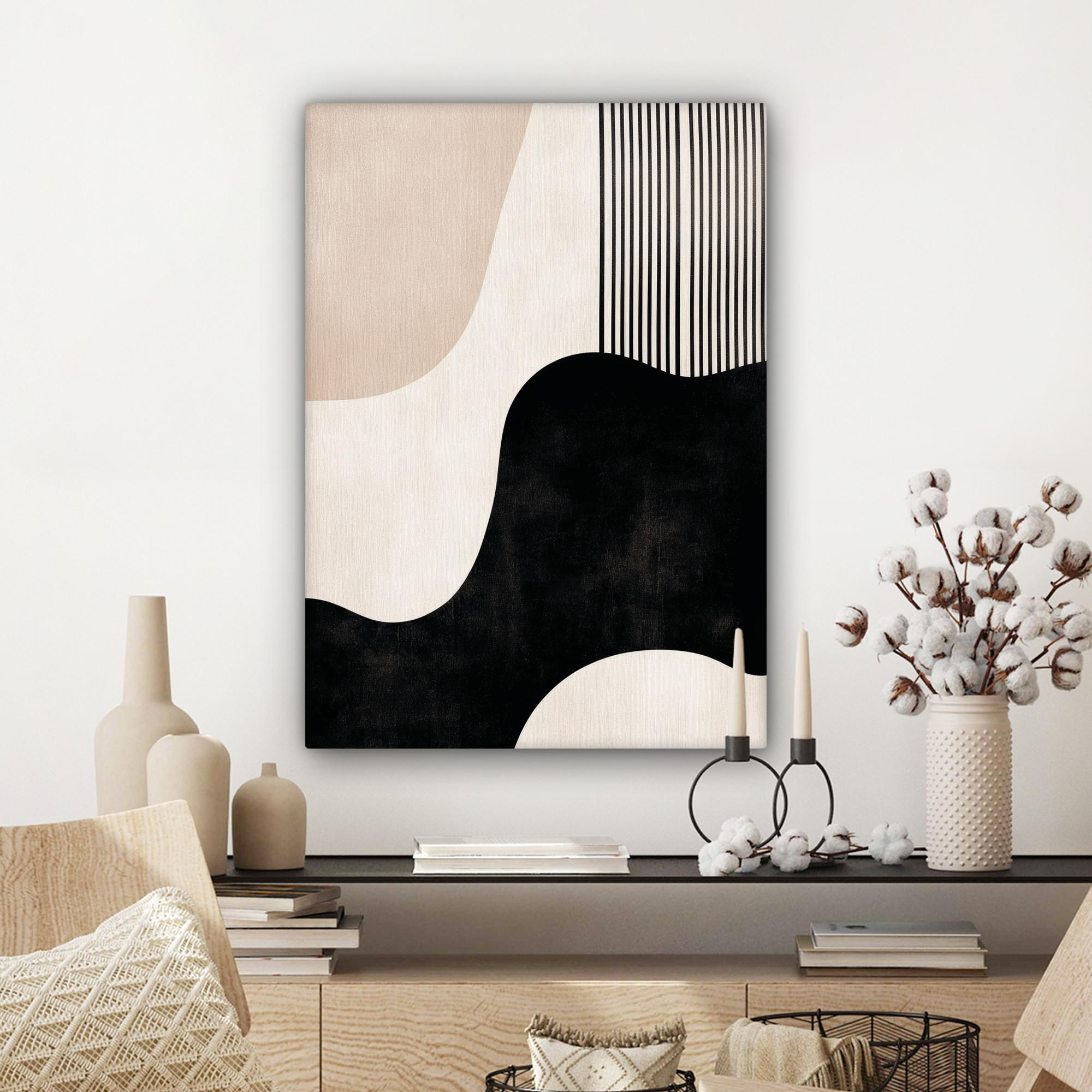 LEINWANDBILD Abstrakt - Japandi - Beige - Modern 60x80 cm - Schwarz, Textil (60/80cm) - MuchoWow