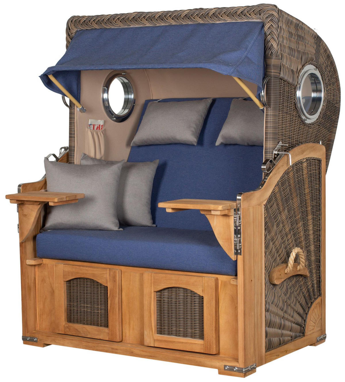 STRANDKORB Komplettset: Ammersee Teak Bullauge - PE grau - Modell 595 - Blau/Grau, Holz/Kunststoff (125/165/80cm) - bene living