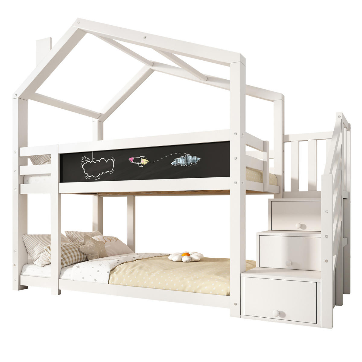 HAUSBETT 90/200 cm in Weiß mit Tafel und Stauraum - Weiß, Holzwerkstoff (90/200cm) - Flora Grace