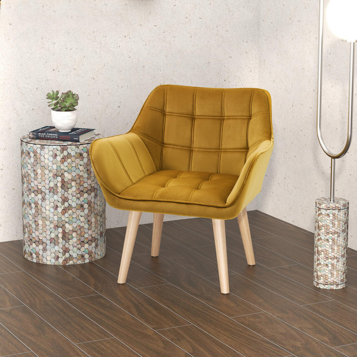 POLSTERSESSEL, Skandi Design, bis 120 kg, Kautschukholzbeine - Currygelb/Gelb, Textil (61.5/71/67cm) - HOMCOM