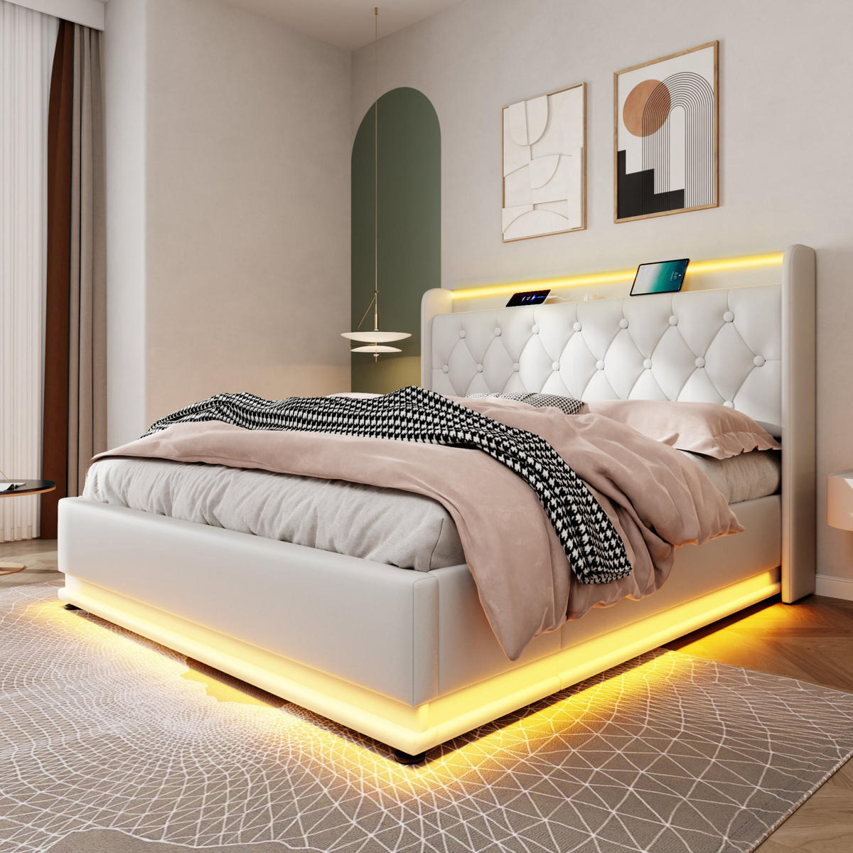POLSTERBETT aus Kunstleder 140x200 cm in Weiß mit LED-Beleuchtung & USB-C - Weiß, Leder (140/200cm) - Modfu