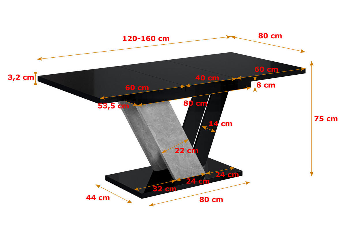 ESSTISCH ausziehbar 120 -160x80x75 cm - Black Gloss / Stone - CLASI - Schwarz Hochglanz/Grau, Holzwerkstoff (120/80/75cm) - ALTDECOR