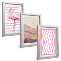 BILDER SET 3er Set - 20x30 cm Silberner Rahmen - Pastelllandschaft mit rosa Flamingos - Silberfarben, Kunststoff (20/30cm) - TULUP