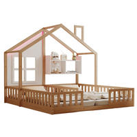 HAUSBETT 90/200 cm natur aus Massivholz und MDF mit LED und Sicherheitsgitter - Naturfarben, Holz (90/200cm) - OKWISH