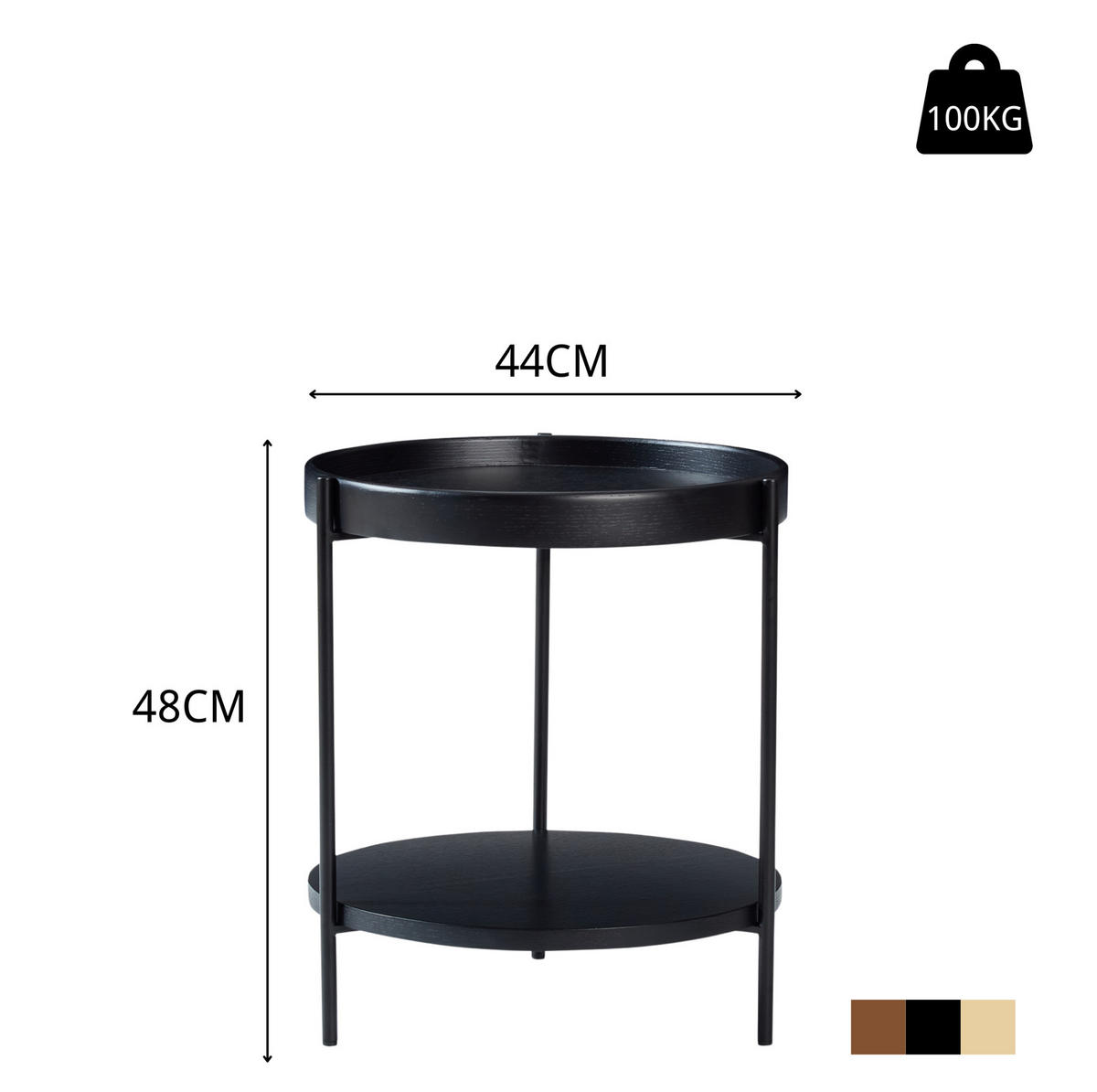 COUCHTISCH 69/69/38 cm aus Massivholz, MDF und Metall mit 2 Ebenen, Schwarz - Schwarz, Holzwerkstoff (44/44/48cm) - Modfu