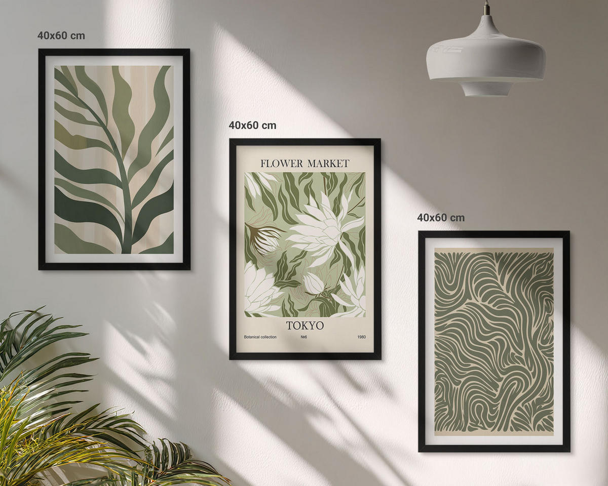 WANDBILDER 3er-Set - 40x60 cm Schwarzer Rahmen - Pflanzenmuster, Boho-Dekorationen - Schwarz, Kunststoff (40/60cm) - ArtPrintCave