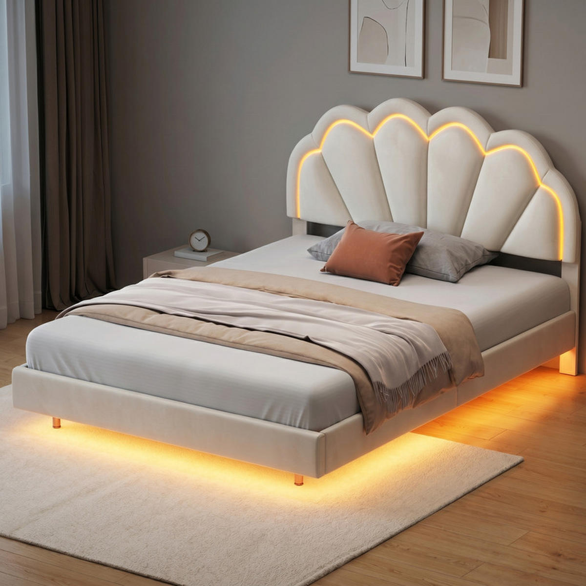 POLSTERBETT 140/200 cm beige mit Muschelkopfteil und LED - Beige, Holz