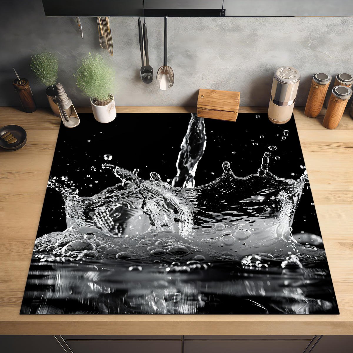HERDABDECKPLATTE Wasser - Spritzwasser - Schwarz Induktionsmatte 78x78 cm - Schwarz, Kunststoff (78/78/0.2cm) - MuchoWow