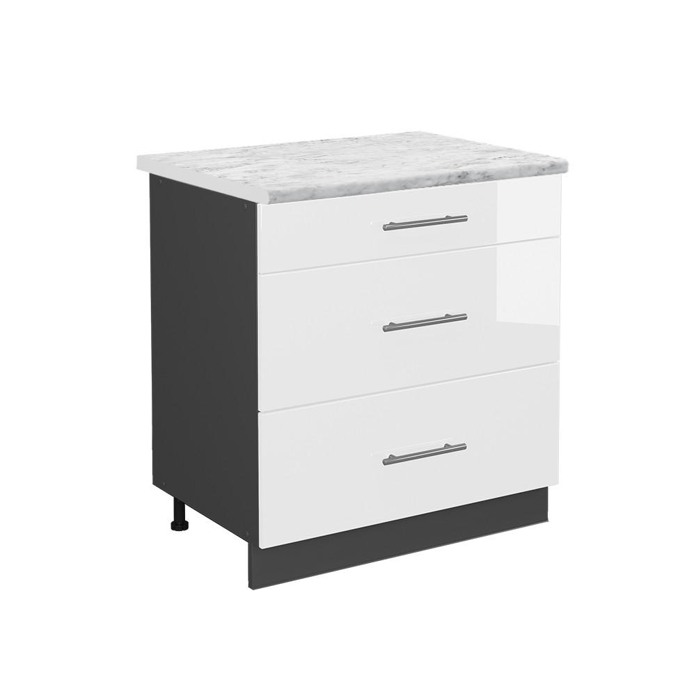 KÖKSUNDERSKÅP Fame-Line Vit högblank 80 cm med 3 lådor, AP marmor Vit högglans, Antracit 82/80/60 cm