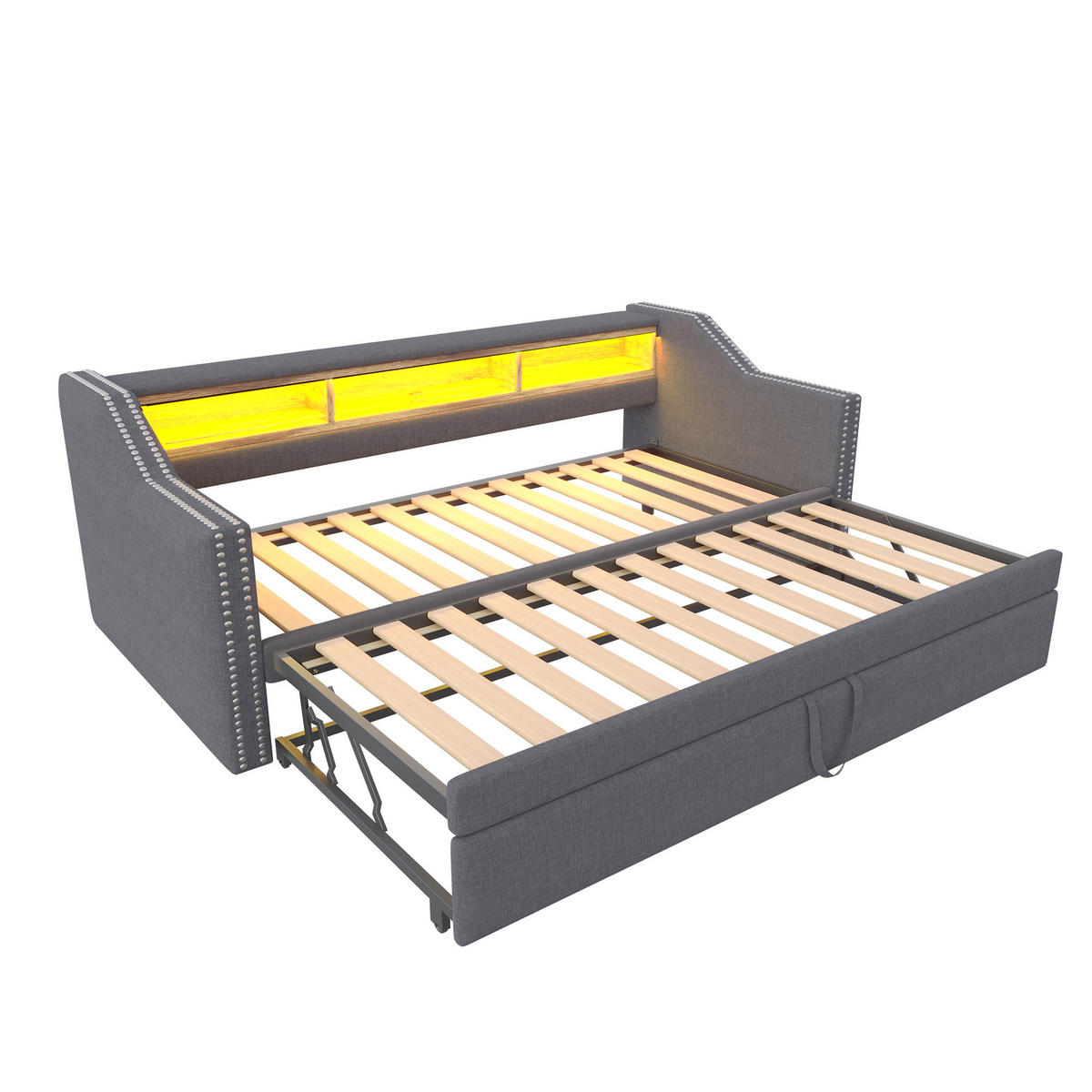 BETT mit ausziehbarem Bettrahmen Dunkelgrau mit USB-Anschluss und LED-Beleuchtung 90/190 cm - Dunkelgrau, Textil (90/190cm) - OKWISH