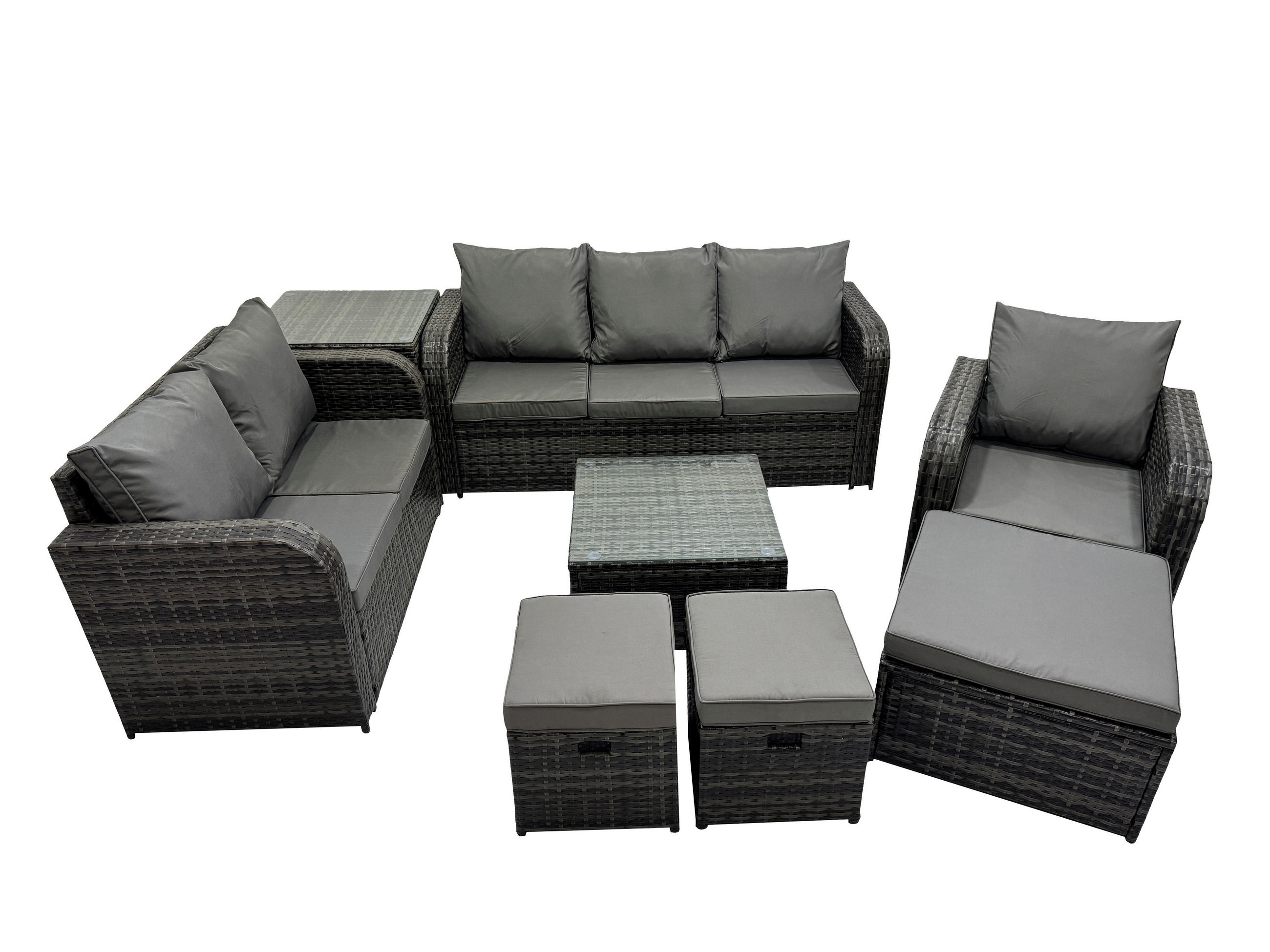 GARTENTISCHGRUPPE Polyrattan Dunkelgrau 8-teilige - Dunkelgrau/Grau, Glas/Kunststoff - Fimous