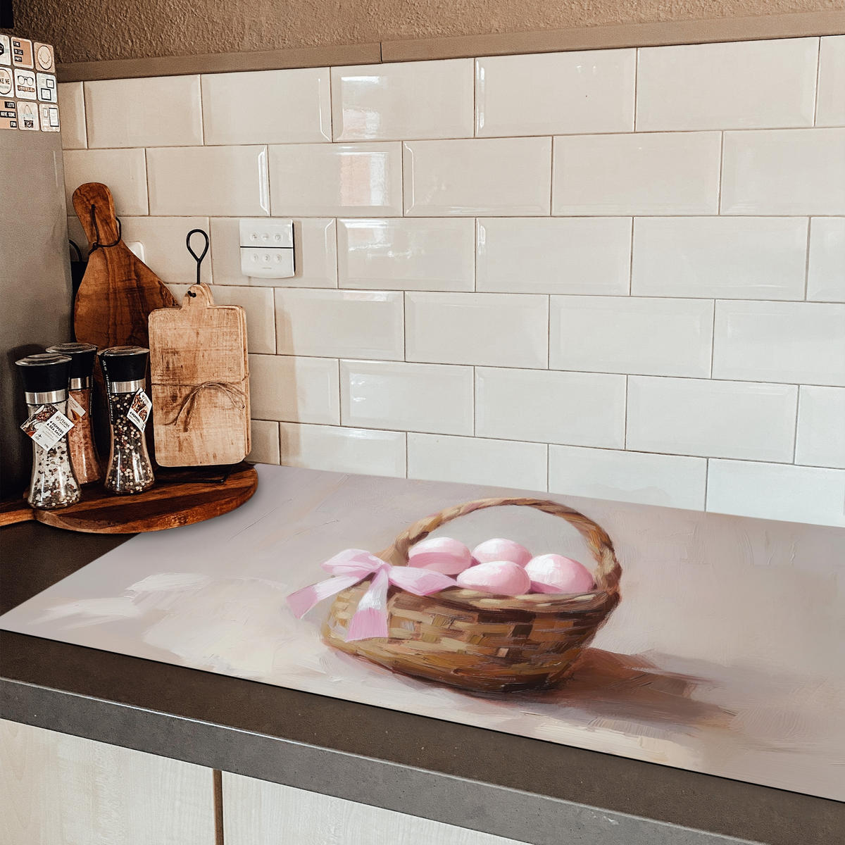 HERDABDECKPLATTE Korb - Eier - Rosa Induktionsschutz 91.2x52 cm - Beige, Kunststoff (91.2/52/0.2cm) - MuchoWow