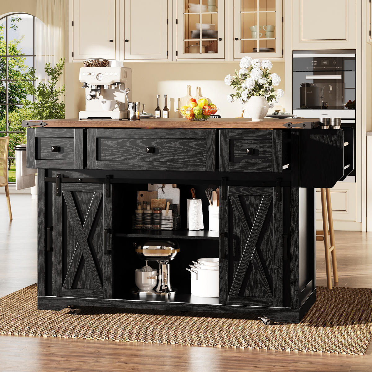 SERVIERWAGEN Multifunktion Küchenwagen Set mit Barhockern ausklappbarer Arbeitsfläche Holz/Metall Set-1 - Schwarz, Holzwerkstoff/Metall (144.4/91.5/75cm) - EVRYAE