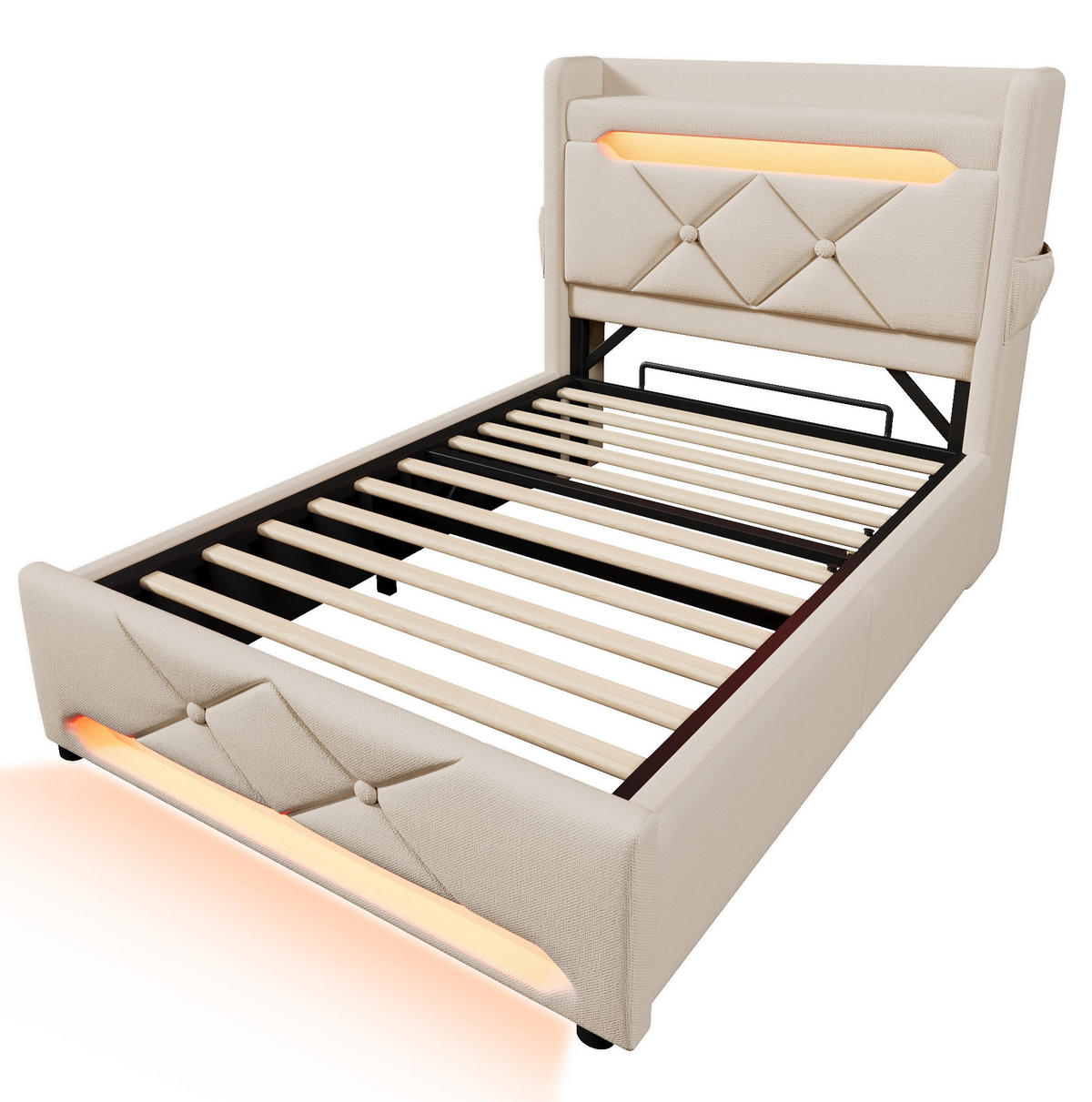 POLSTERBETT 90/200 cm Beige mit Stauraum, LED-Beleuchtung und USB-Anschlüssen - Beige, Textil (90/200cm) - Flora Grace