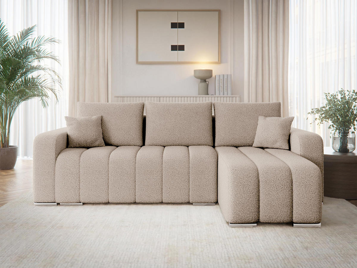ECKSOFA Pufetto Boucle - Beige/Silberfarben, Holz/Textil (244/147cm) - MIRJAN24