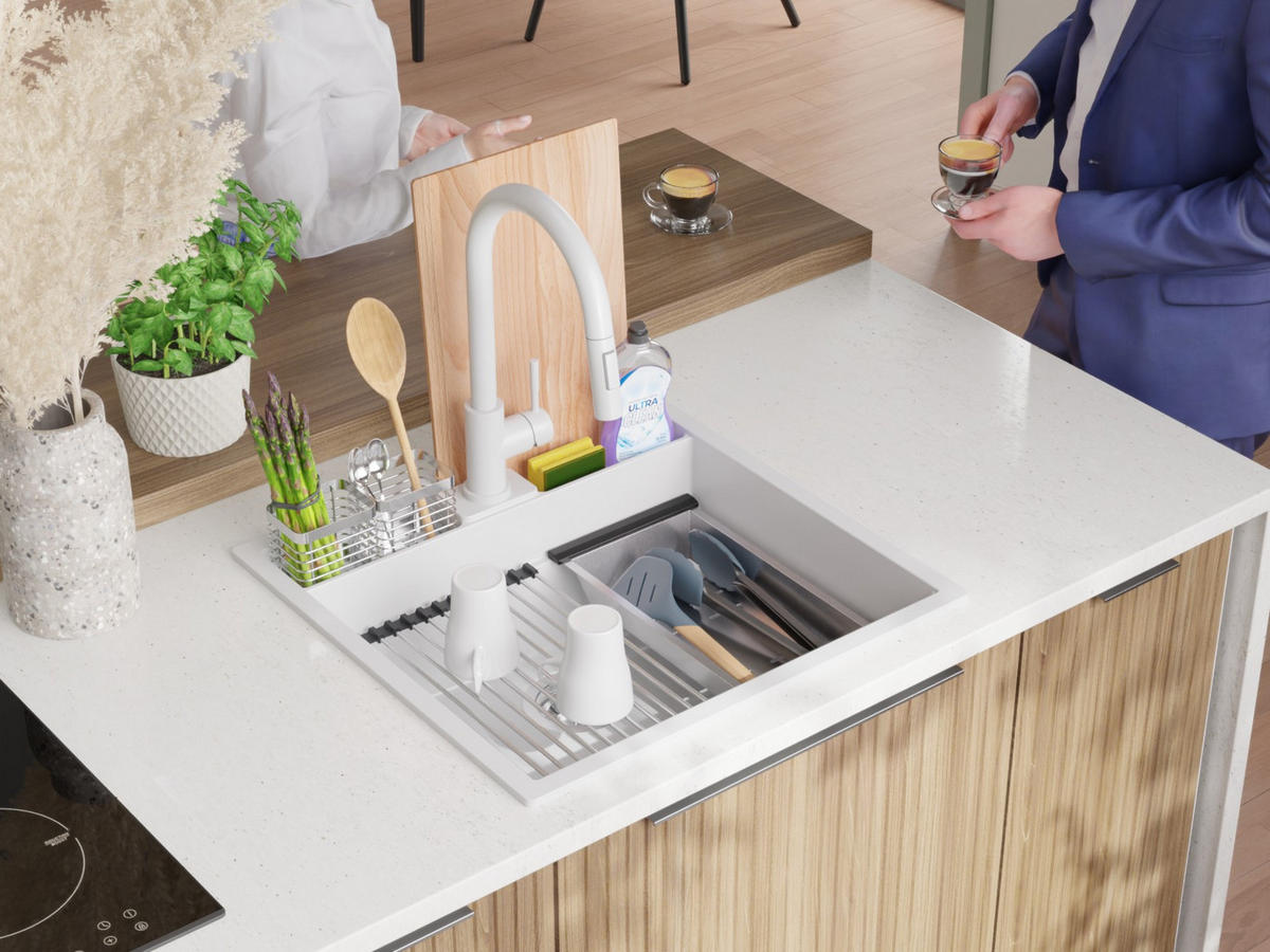 SPÜLBECKEN Bergen Pocket, 2-er set Weiß 56/54 cm 1 Becken + Ablauf-Set + Küchenzubehörset ab 60er Unterschrank - Chromfarben/Beige, Kunststoff (56/20/54cm) - Primagran