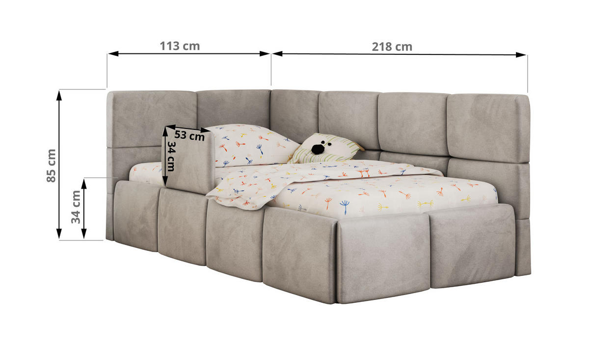DĚTSKÁ POSTEL ARVO ALTA 90/200 - Světle šedá Samet - Pravá - světle šedá, textil (90/200cm) - MKS