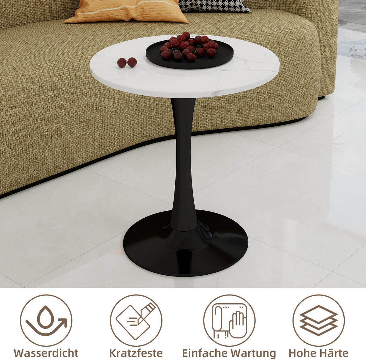 COUCHTISCH Ø 70,1 cm im minimalistischen Design mit runder Tischplatte aus Kunstmarmor, Schwarz/Weiß - Weiß, Stein (70/70/72cm) - Modfu