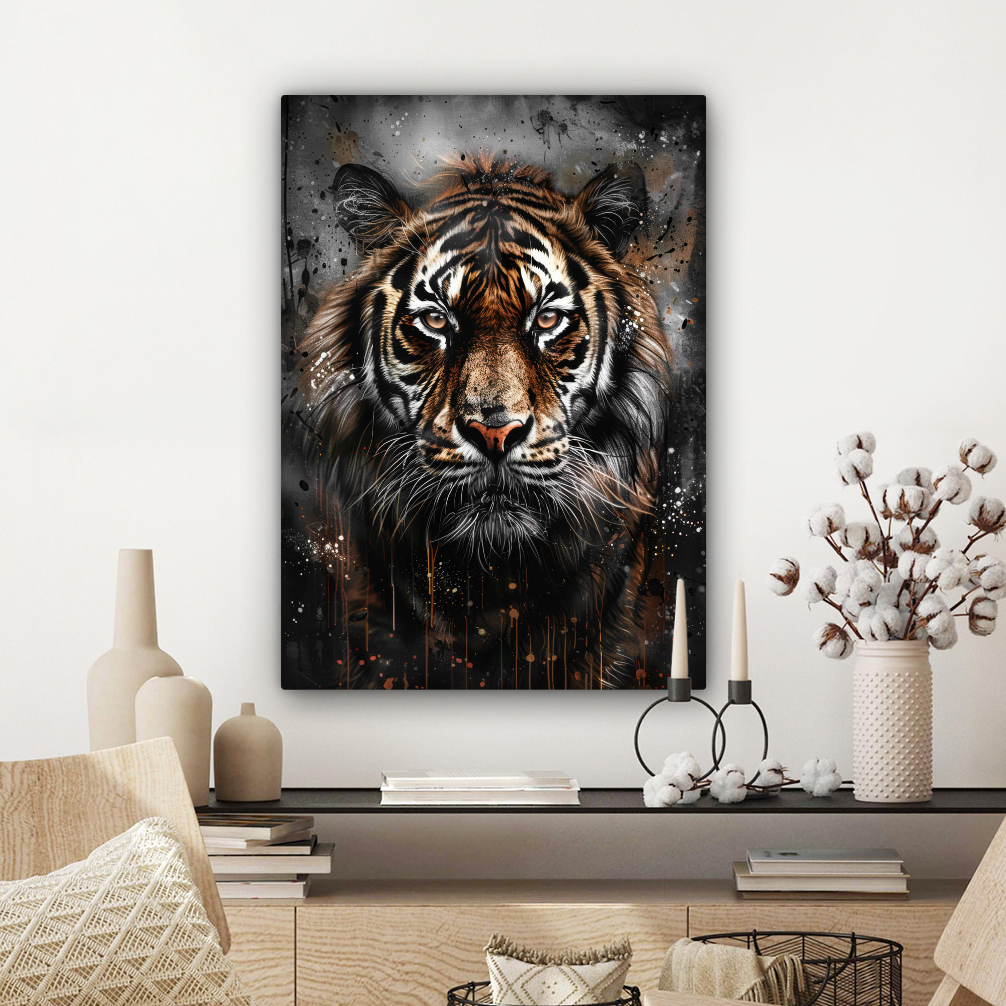 LEINWANDBILD Tiger - Tiere - Porträt - Luxus - Schwarz 60x80 cm - Anthrazit, Textil (60/80cm) - MuchoWow
