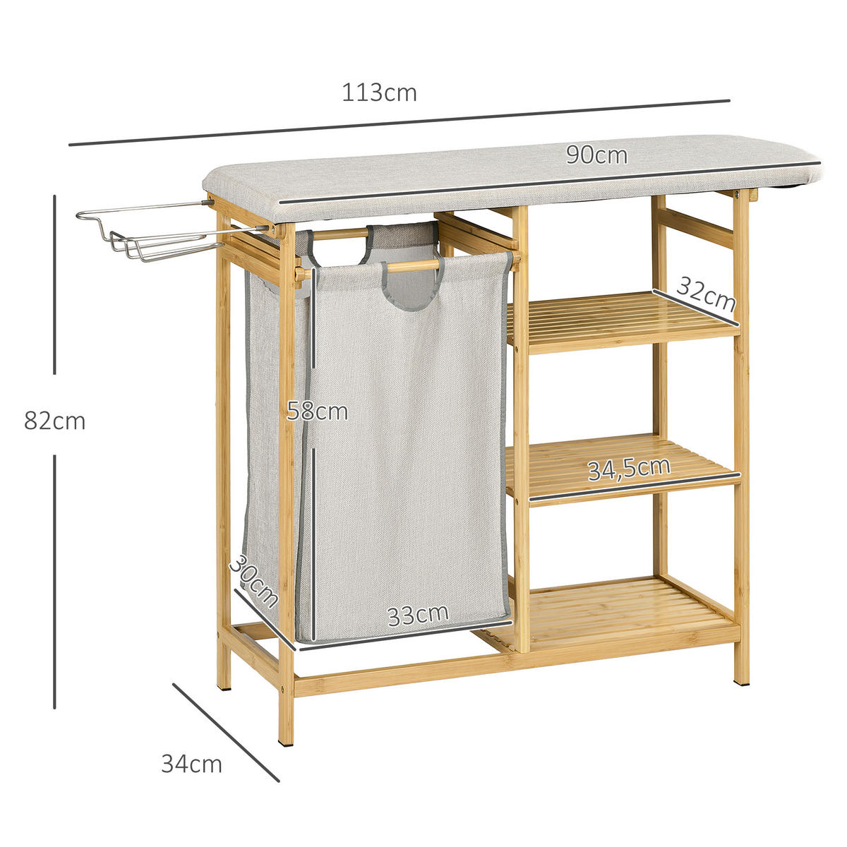 WÄSCHEKORB, 57,4 L Wäschesammler mit Bügelbrett und Bügeleisen, Bambus, Natur - Multicolor, Kunststoff (34/82/113cm) - HOMCOM