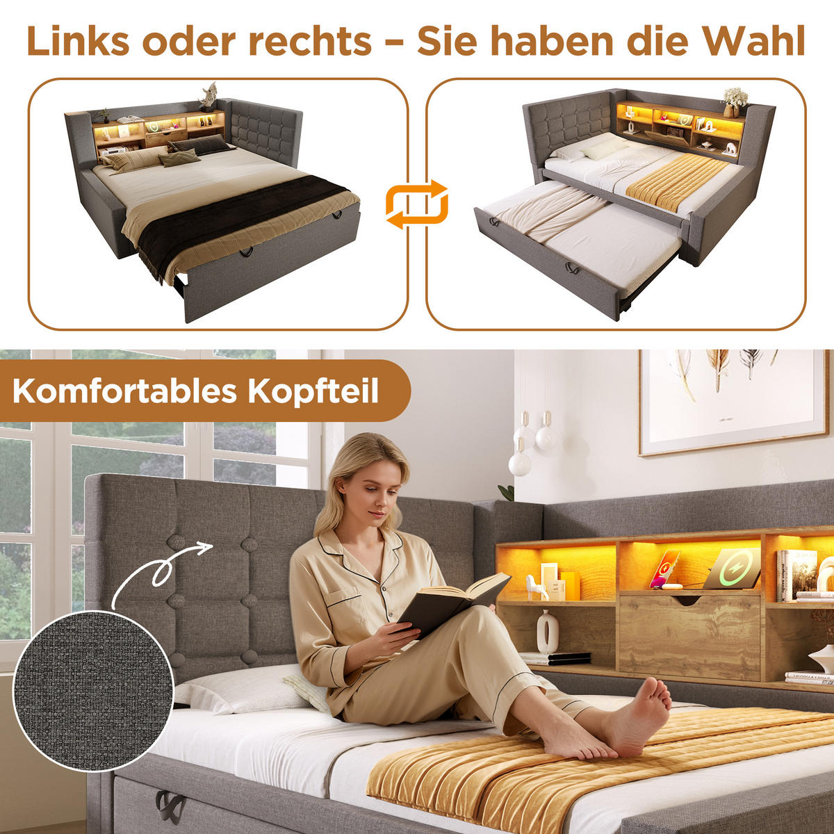 POLSTERBETT 90/200 cm mit Ausziehbett, LED-Beleuchtung, USB-Anschlüssen und Stauraum, Leinen/Metall, Grau - Grau, Textil (90/200cm) - Redom